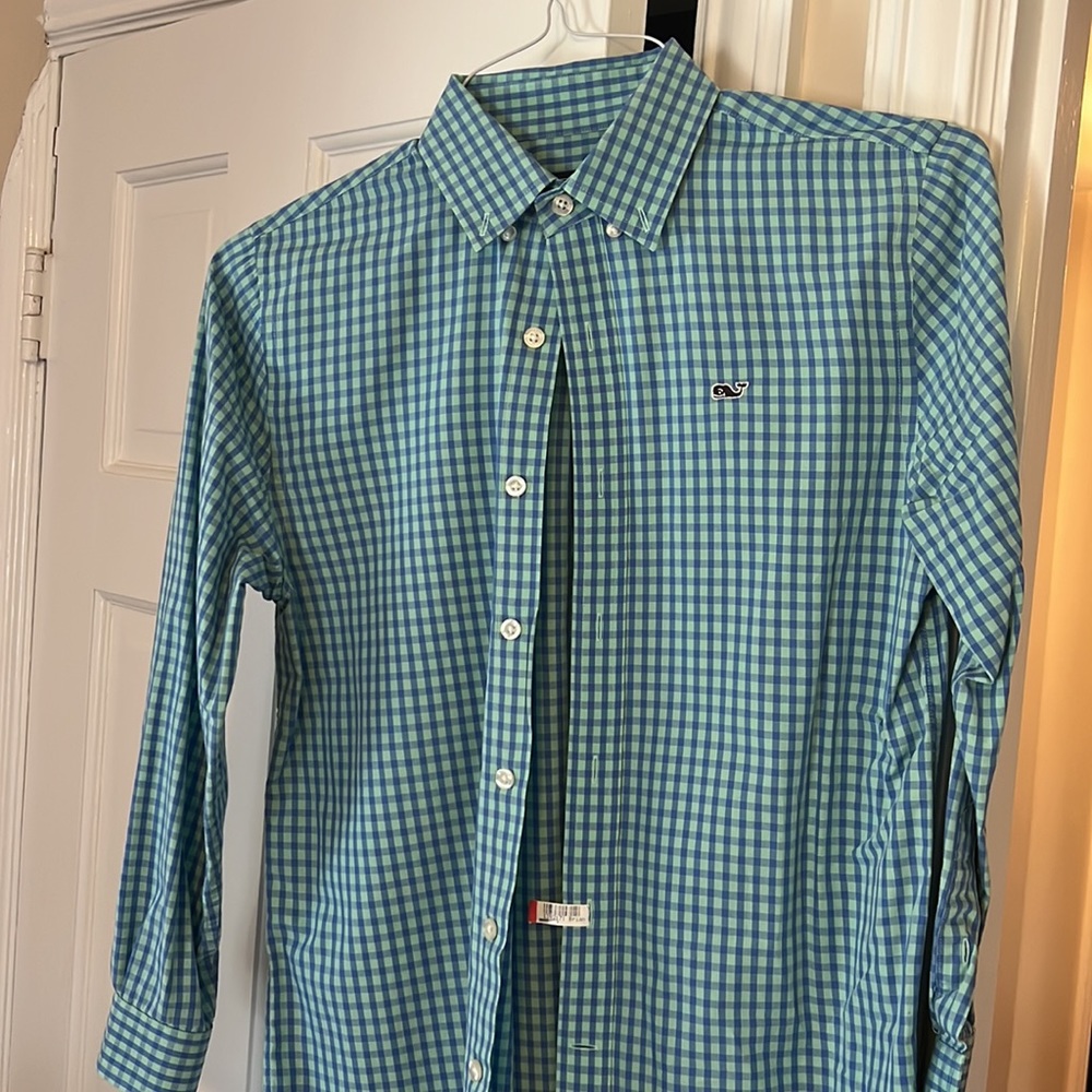 Vineyard Vines Whale shirt Med green/blue plaid